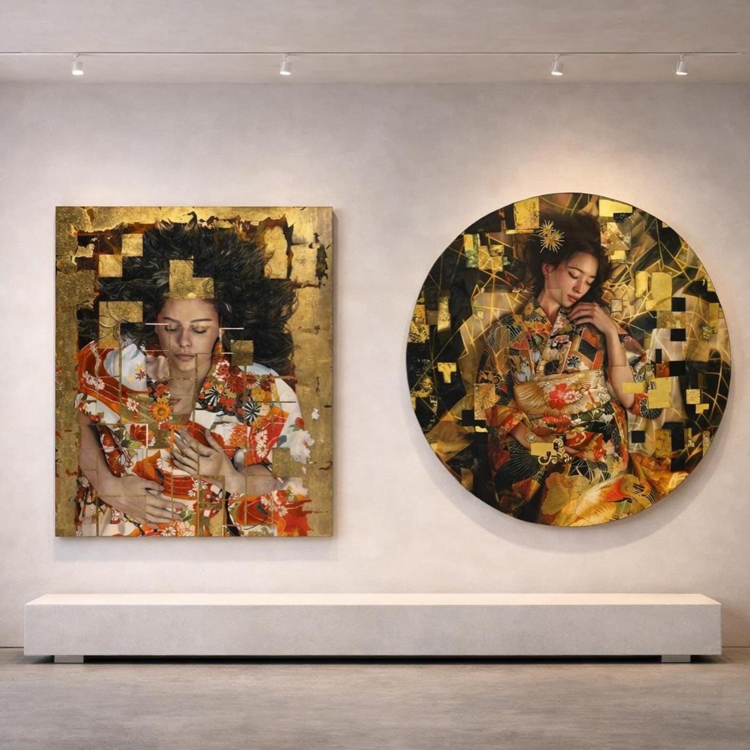 Dos piezas de retrato con fondo de pan de oro colgadas en una sala de exposición.