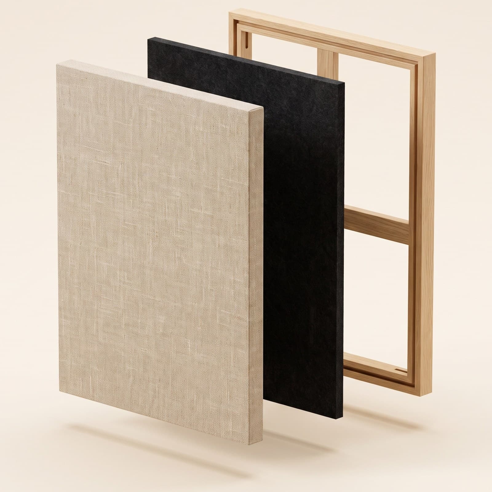 Despiece de un panel KalmArt en tres capas: tela de lino natural, núcleo fonoabsorbente oscuro y bastidor de madera de roble.