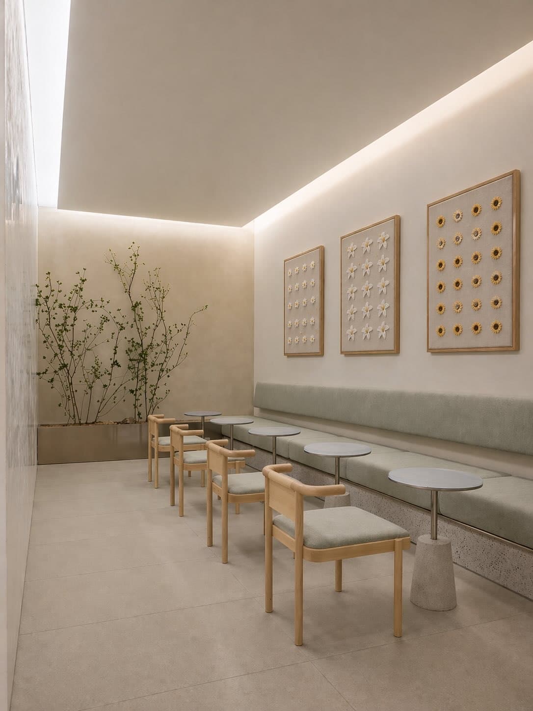 Sala alargada en tonos arena con tres piezas de retícula floral sobre el banco corrido.