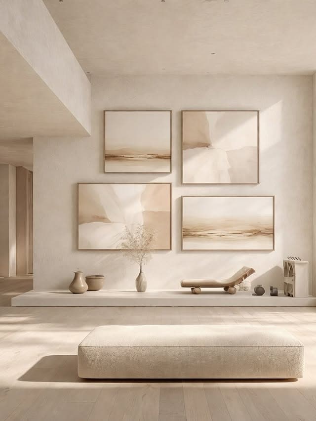 Salón claro con cuatro piezas en tonos arena colgadas en composición asimétrica.