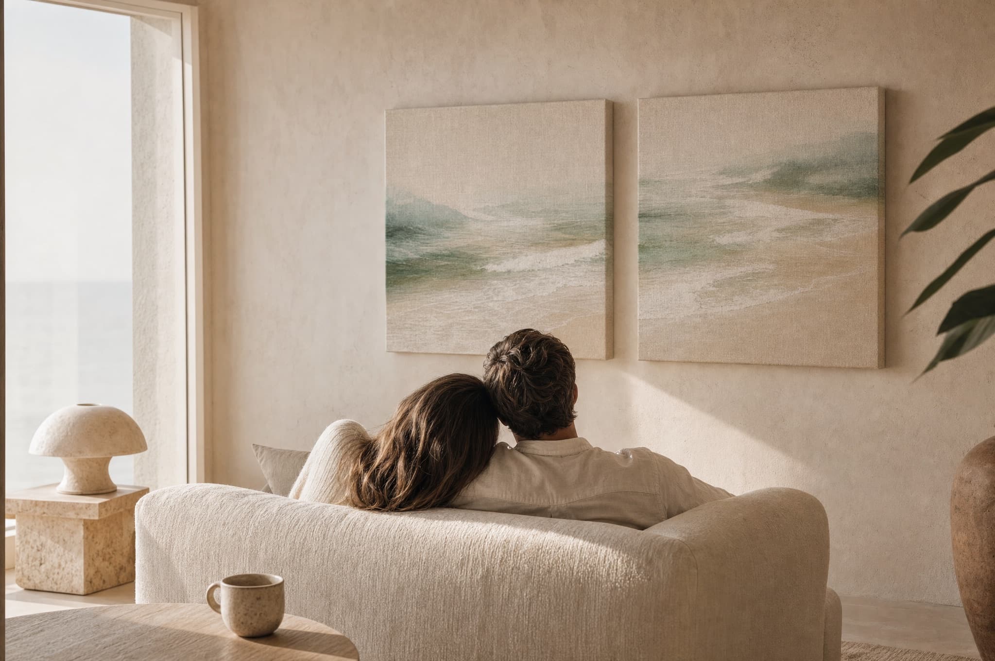 Pareja de espaldas en un sofá claro, mirando dos piezas de paisaje marino colgadas sobre la pared de yeso.