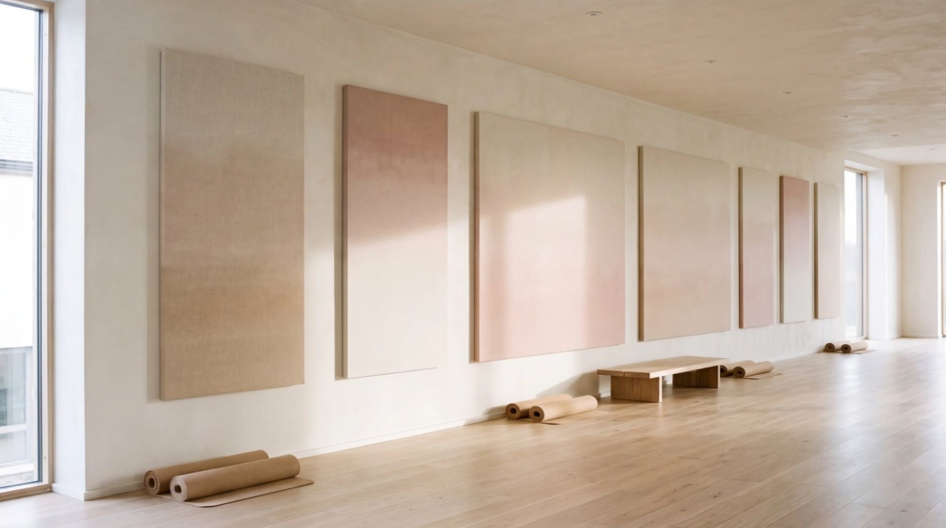 Estudio diáfano con suelo de roble, ventanales y una hilera de paneles de tela en tonos rosa y arena a lo largo de la pared.