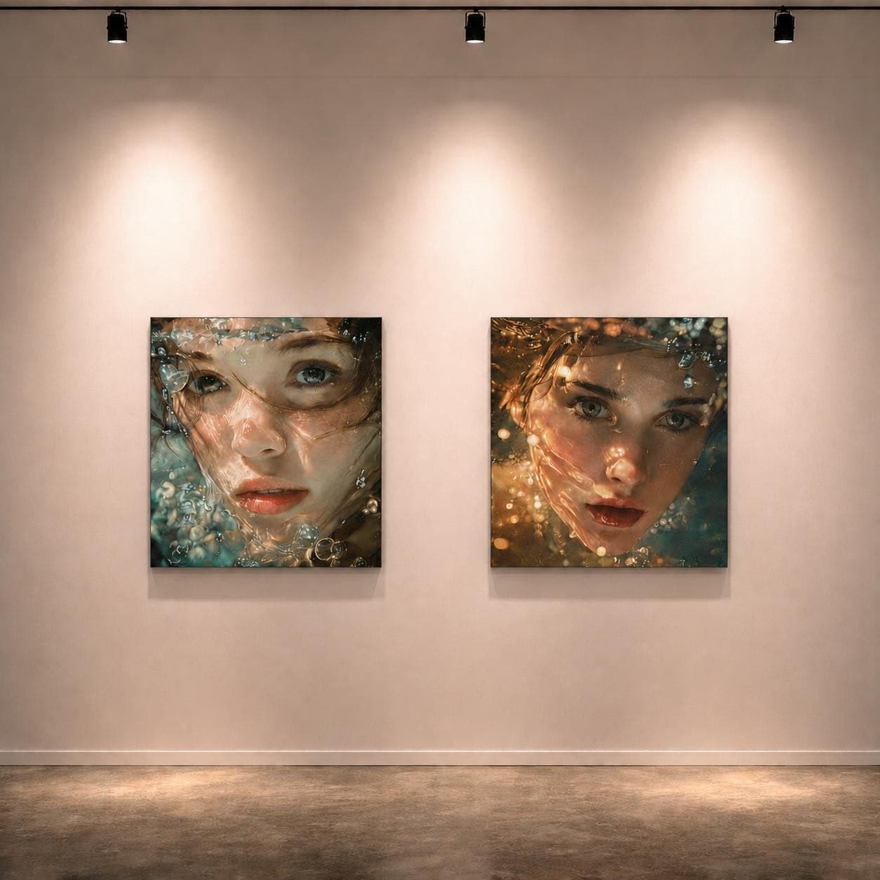Dos retratos de gran formato iluminados con focos sobre una pared de galería.