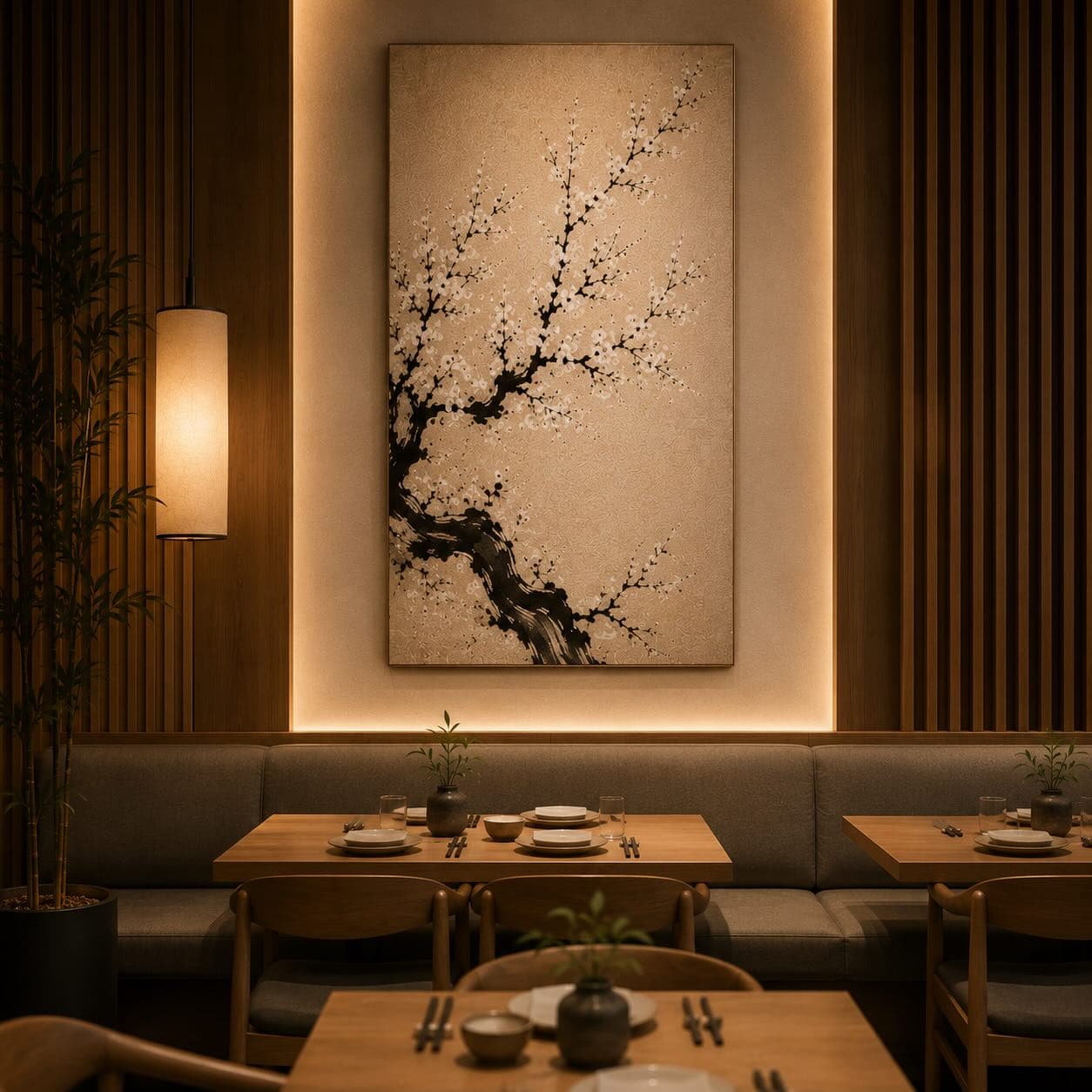 Restaurante en penumbra con una pieza de gran formato iluminada por detrás sobre una pared de listones de madera.