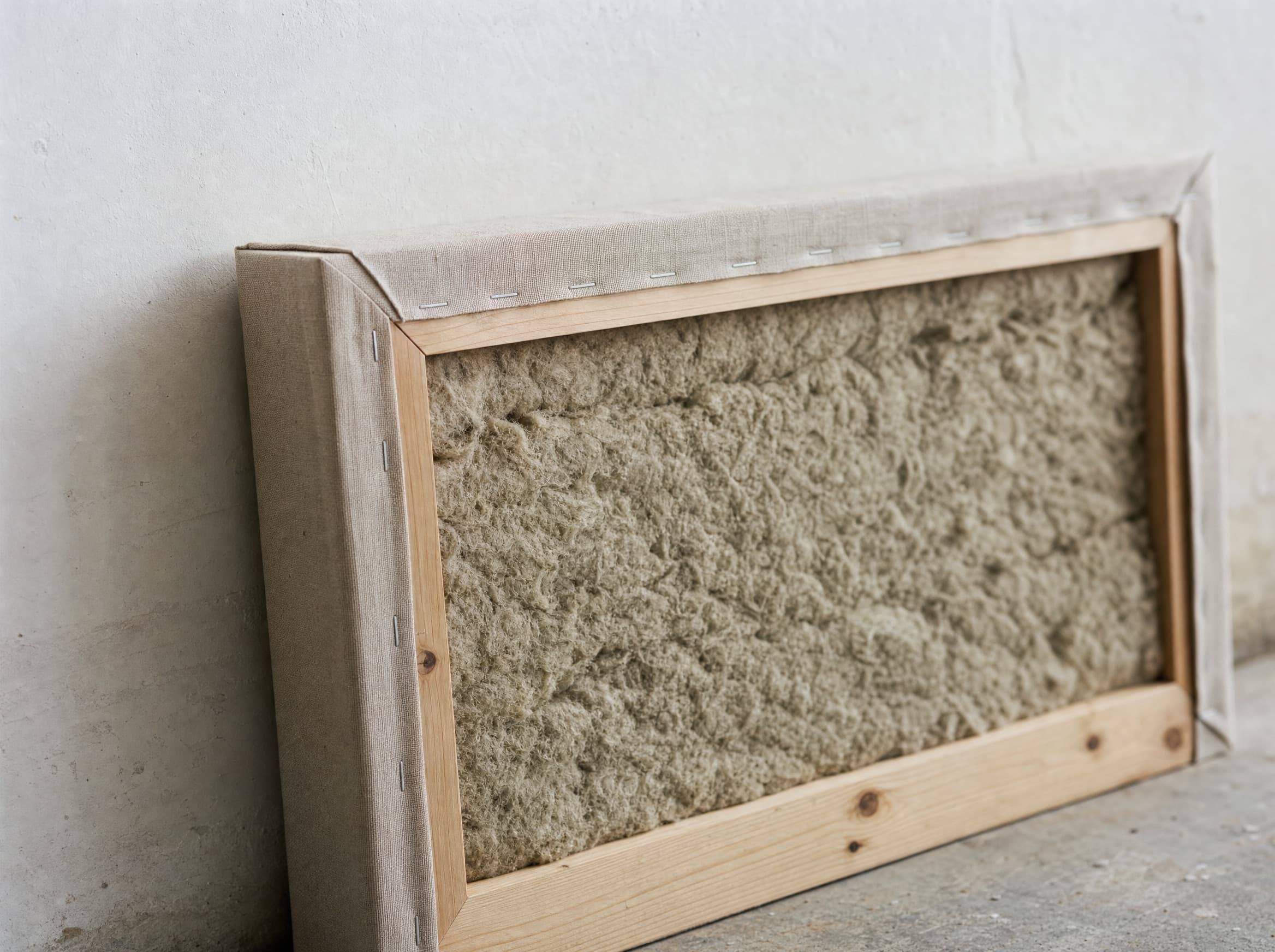 Parte de atrás de un panel: bastidor de madera, la tela grapada al canto y el hueco relleno de material acústico.