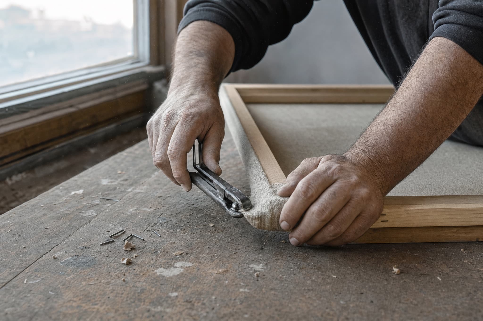 Dos manos tensando lino sobre un bastidor de madera con tenaza de entelar, sobre una mesa de taller.